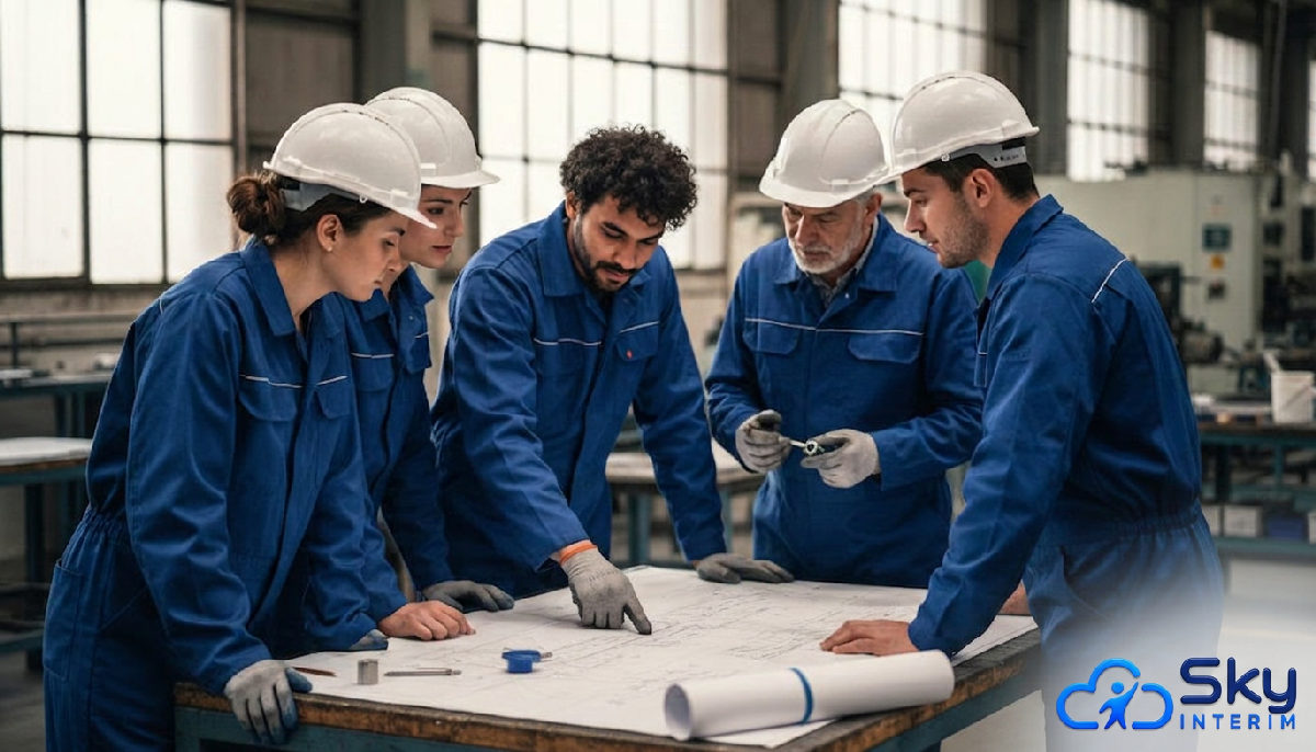 Équipe multiculturelle collaborant sur des plans dans une usine.