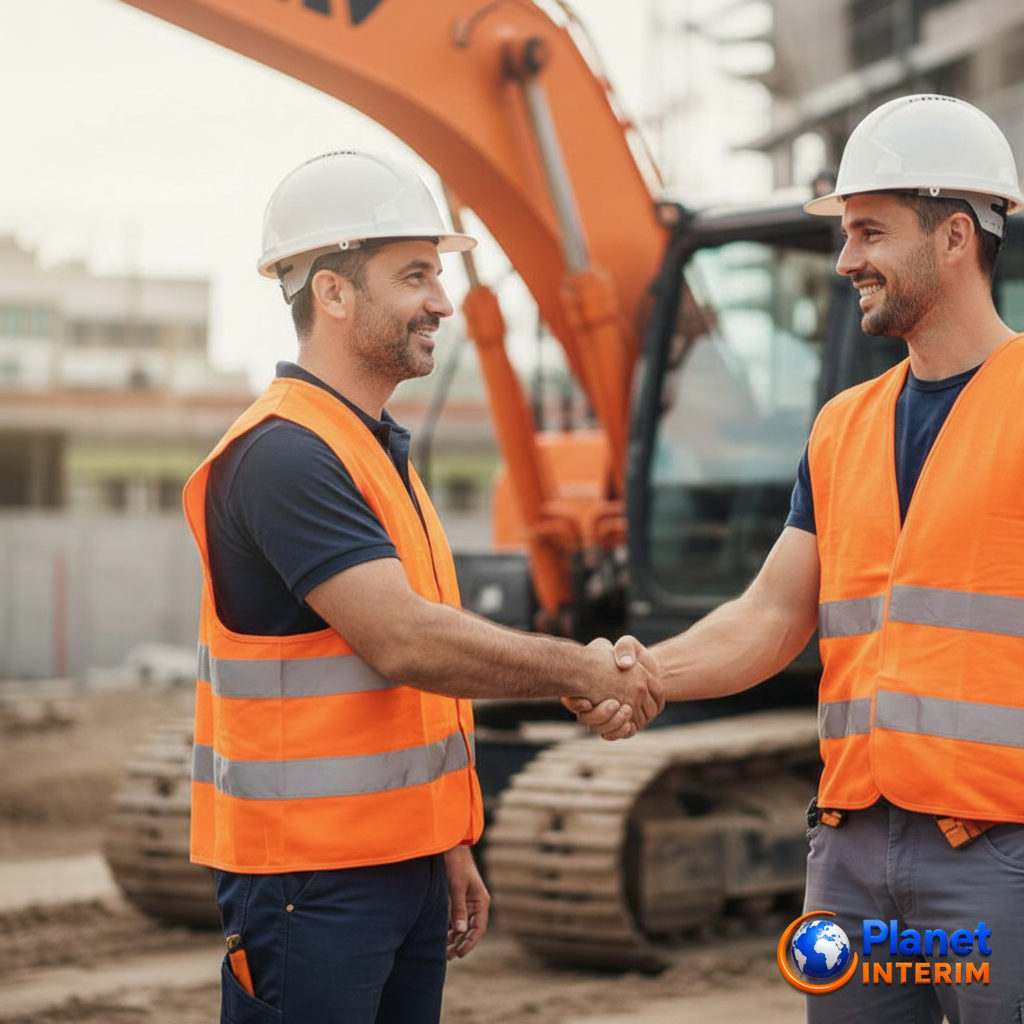 Chef de chantier français accueillant un ouvrier roumain.