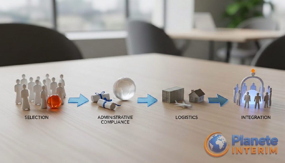 Infographie: étapes du recrutement international et intégration.