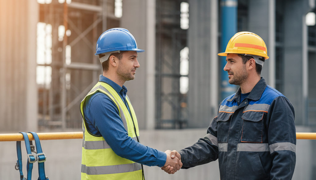 Chef de chantier français et ouvrier roumain en collaboration.