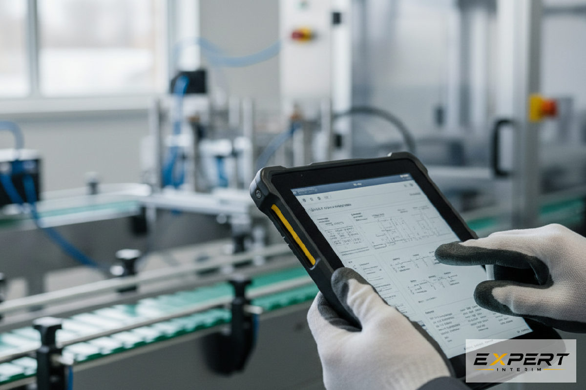 Mains de technicien utilisant une tablette devant une ligne de production automatisée.