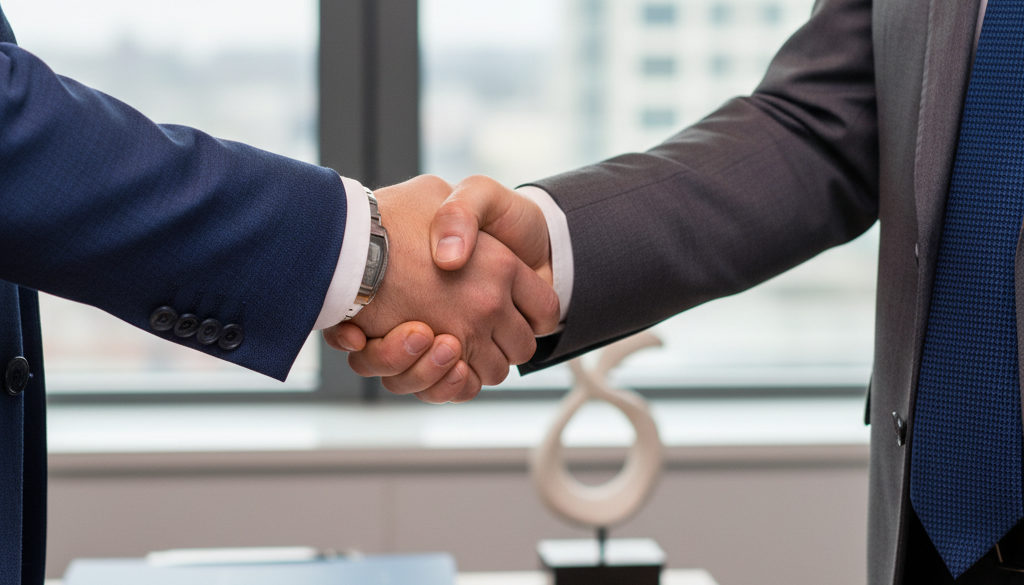 Poignée de main entre un propriétaire d'entreprise français et un consultant expert.