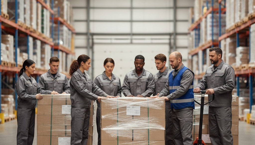 Personnel d'entrepôt professionnel organisant des palettes dans un entrepôt.