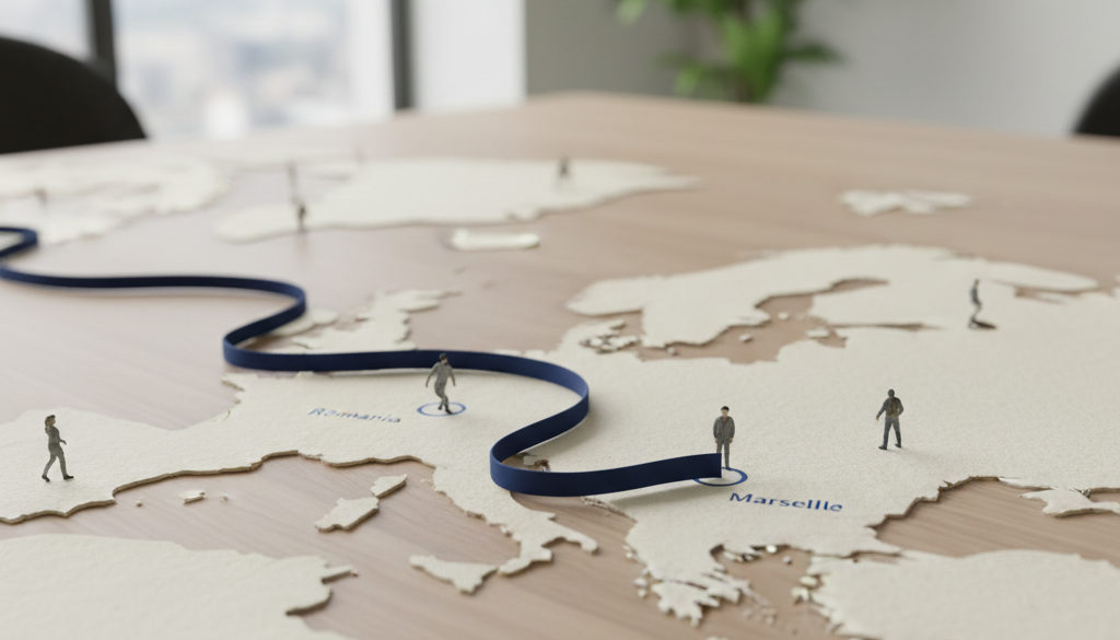 Carte de l'Europe montrant le lien logistique entre la Roumanie et Marseille.