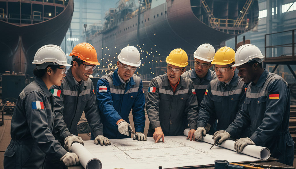 Ingénieurs et soudeurs discutant d'un plan technique dans une usine.