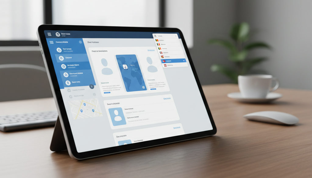 Tablette affichant un logiciel de recrutement avec paramètres roumains.