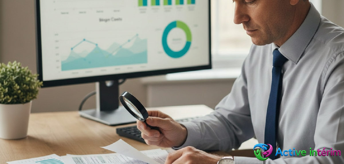 Comptable vérifiant des fiches de paie et des déclarations fiscales.