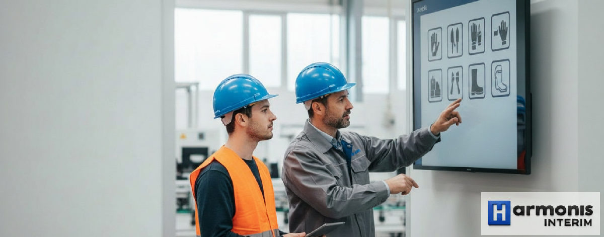 comment accueillir intérimaire non francophone usine - Responsable expliquant la sécurité à un intérimaire avec visuels.