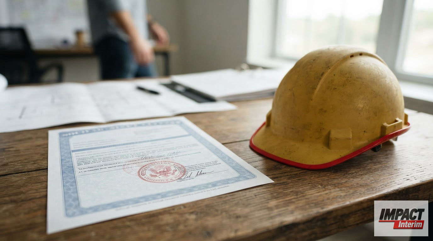 Un formulaire A1 officiel et un casque de chantier sur un bureau.