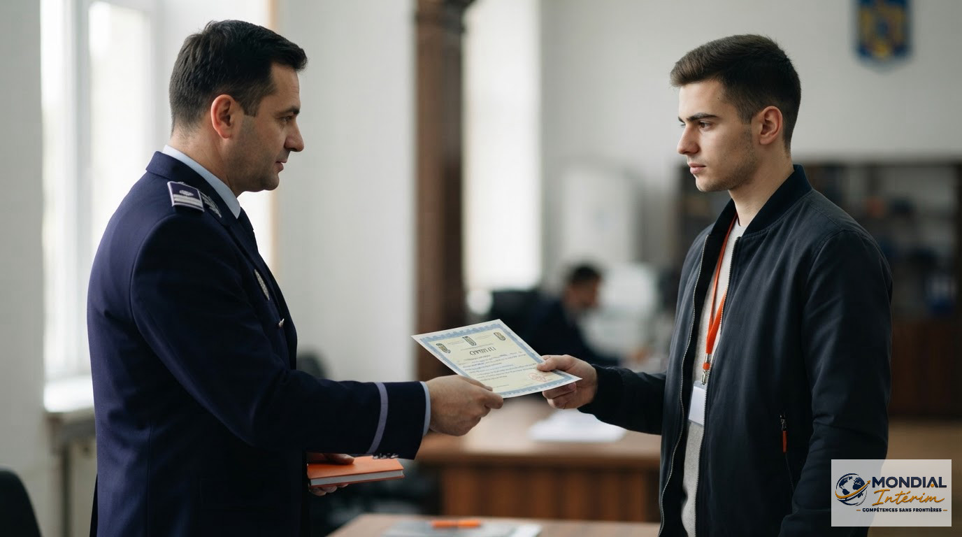Un policier remet un certificat officiel à un candidat pour le recrutement.