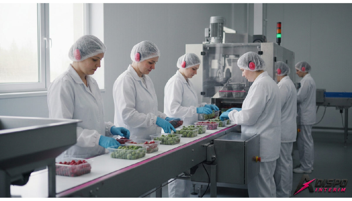renforcer équipes pics activité agroalimentaire - Ligne de production agroalimentaire moderne en pleine effervescence.