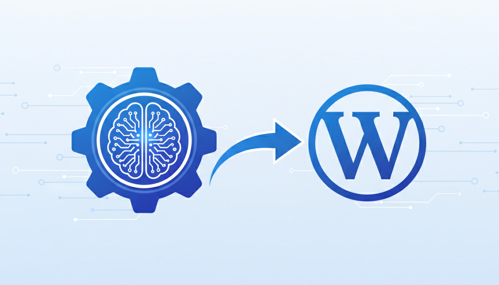 AI brain powering WordPress automation through gears.