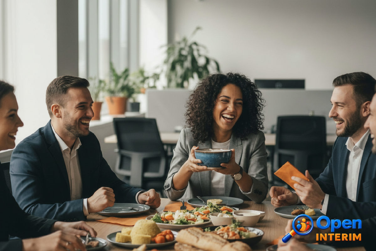 Employés roumains et français partageant un repas d'entreprise convivial.