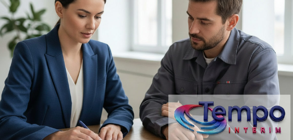 Consultant Tempo Intérim expliquant un contrat bilingue, axé sur la protection des données.