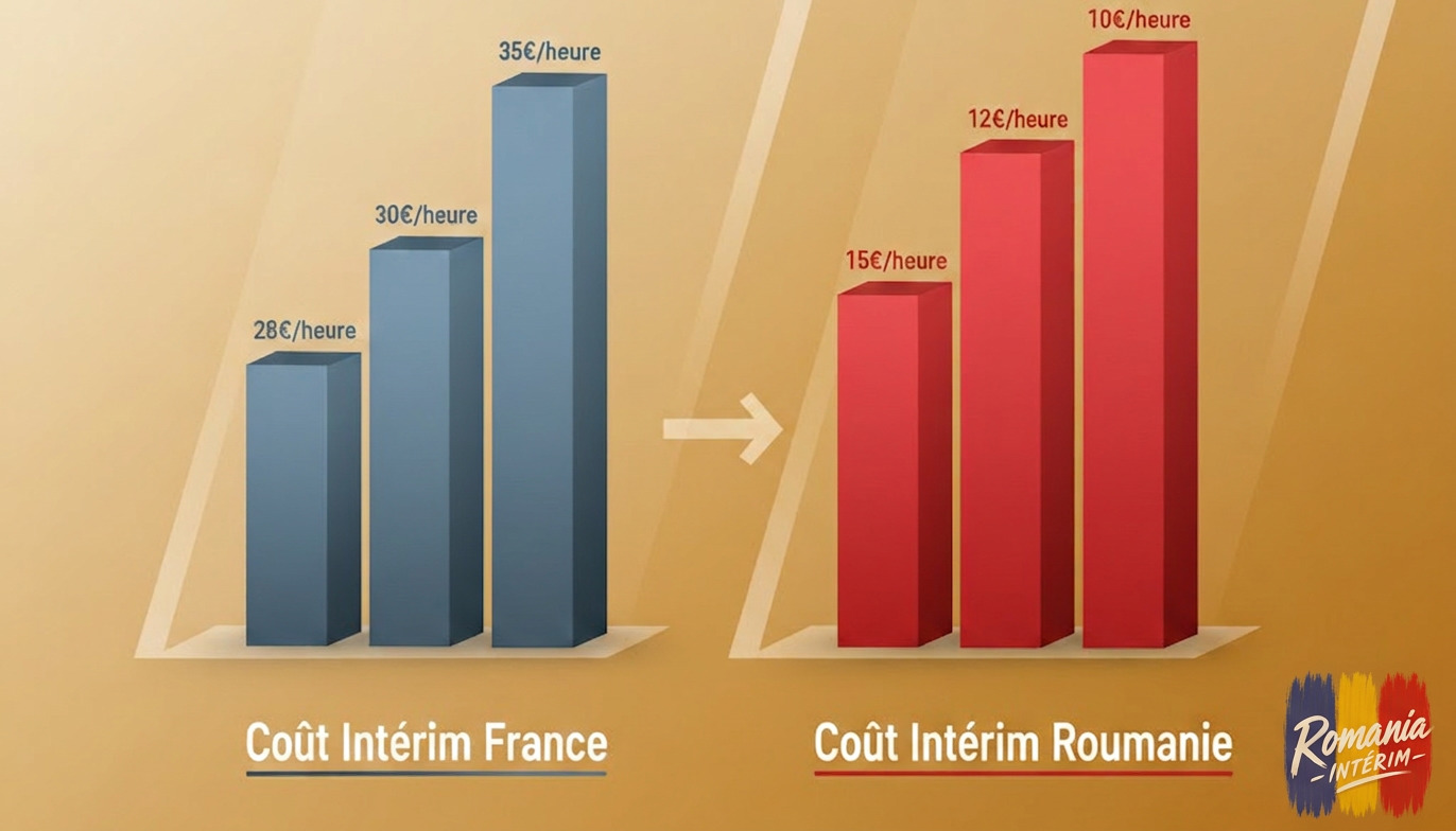 coût intérimaire roumain vs français - Graphique comparant le coût de l'intérim en France et en Roumanie.