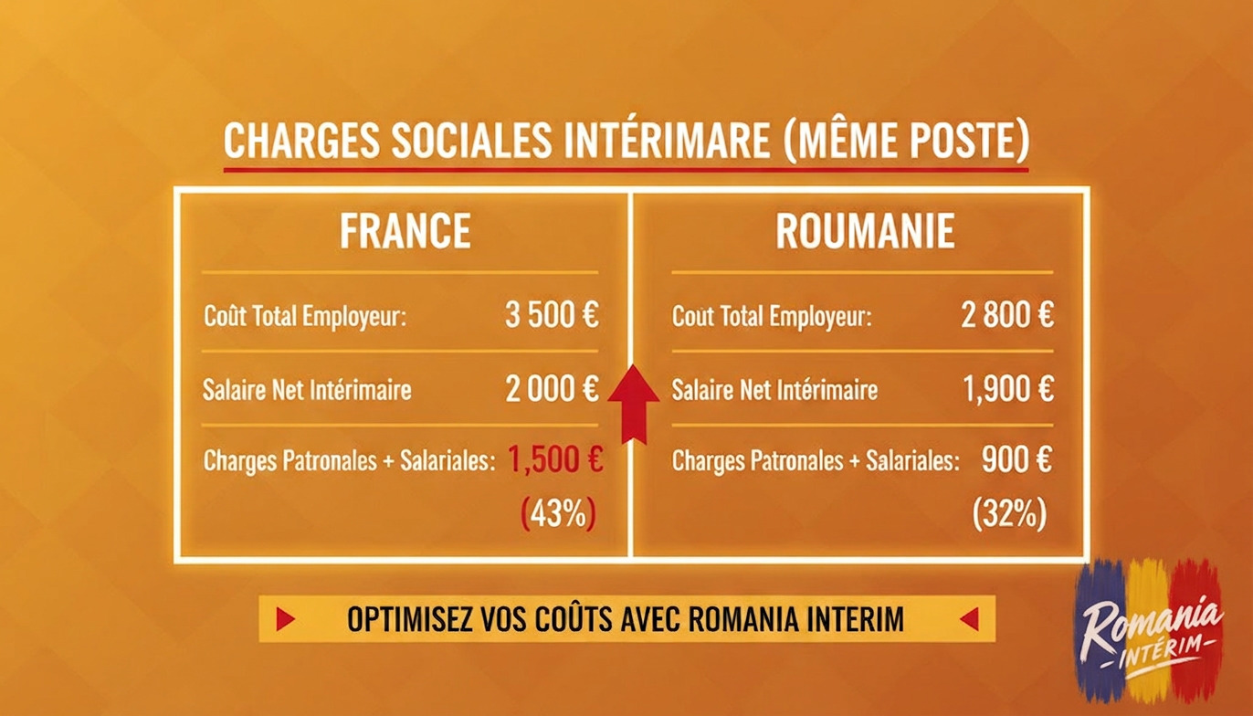 Tableau comparatif des charges sociales pour intérimaires France/Roumanie.