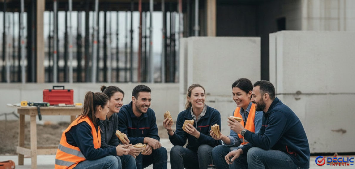 Pause déjeuner conviviale pour une équipe mixte au chantier.