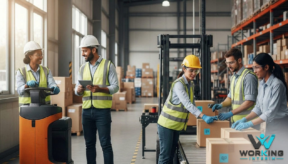 Travailleurs diversifiés collaborant dans un entrepôt logistique, symbolisant l'agilité opérationnelle.