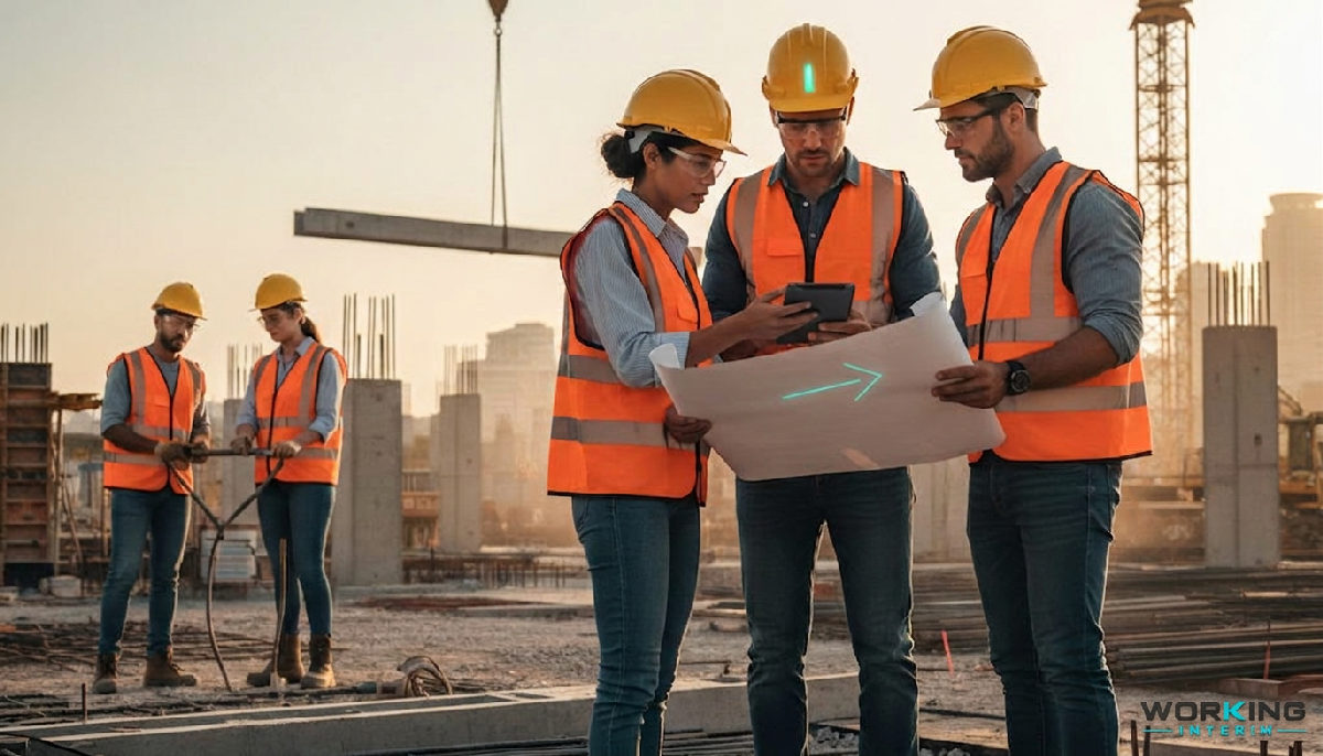 Chantier de construction : équipe diversifiée travaillant ensemble avec expertise.