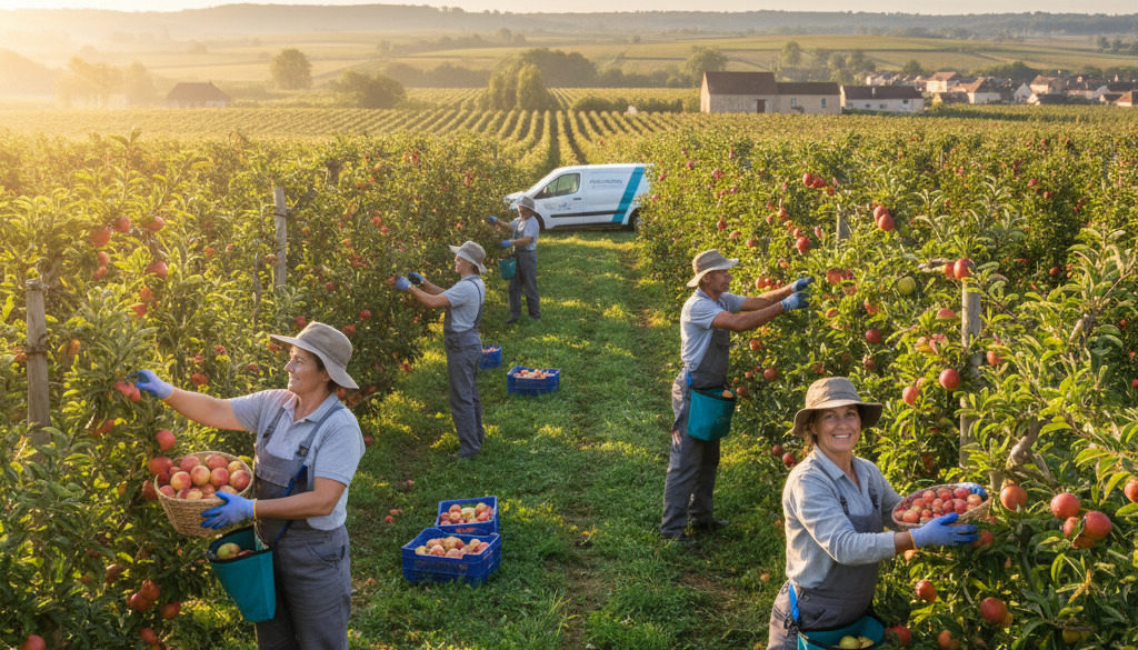 travailleur détaché agricole Roumain saisonnier - Travailleurs roumains récoltant des fruits dans un verger français.