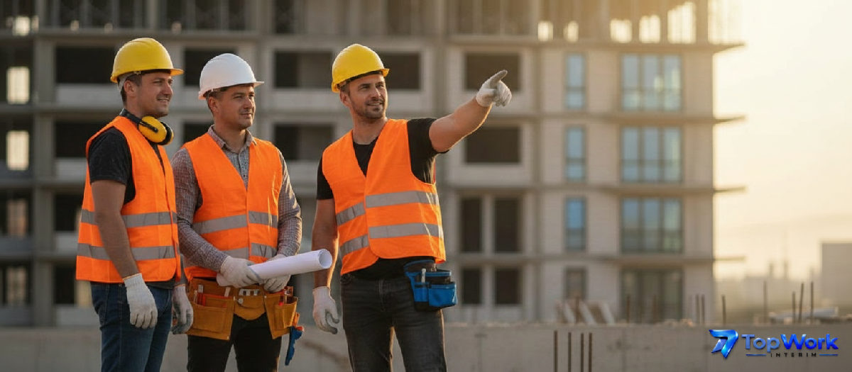 recruter ouvriers roumains qualification - Ouvriers roumains qualifiés sur un chantier moderne avec équipements de sécurité.