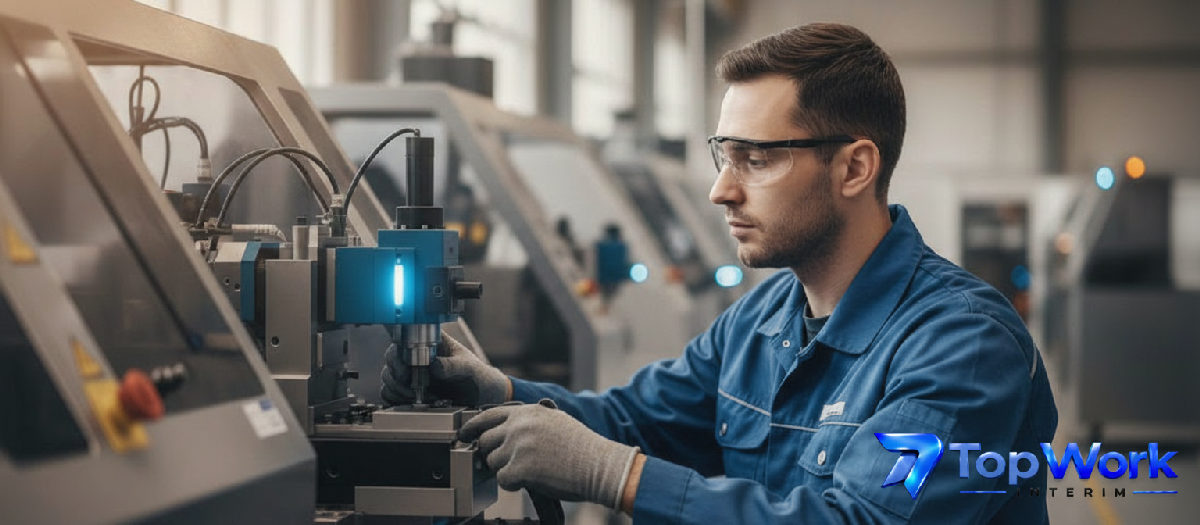 Technicien industriel roumain qualifié utilisant un équipement de précision en usine.