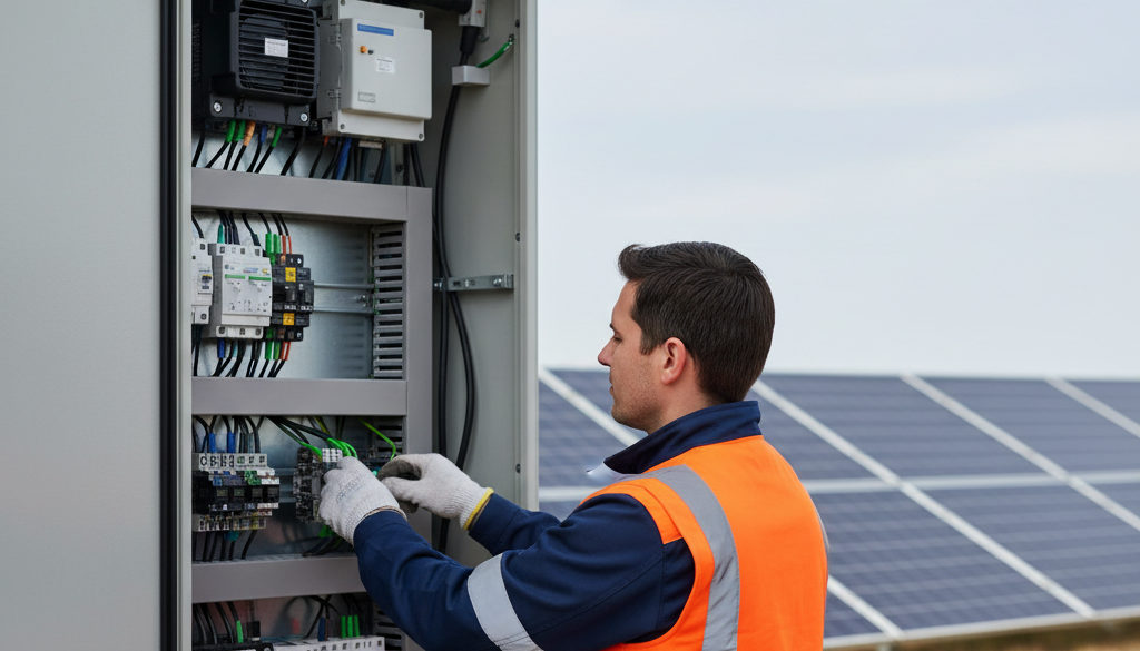Kontrola střídačů solární elektrárny technikem.