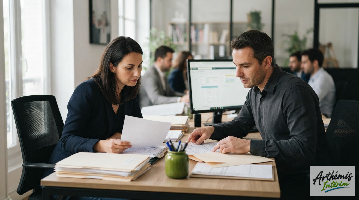 Conseillers en recrutement vérifiant des dossiers de travailleurs roumains en agence.