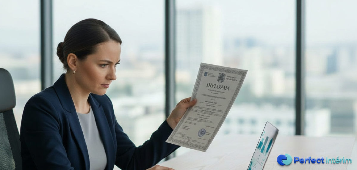 comment vérifier diplômes roumains valides - Recruteur examinant un diplôme roumain officiel dans un bureau.