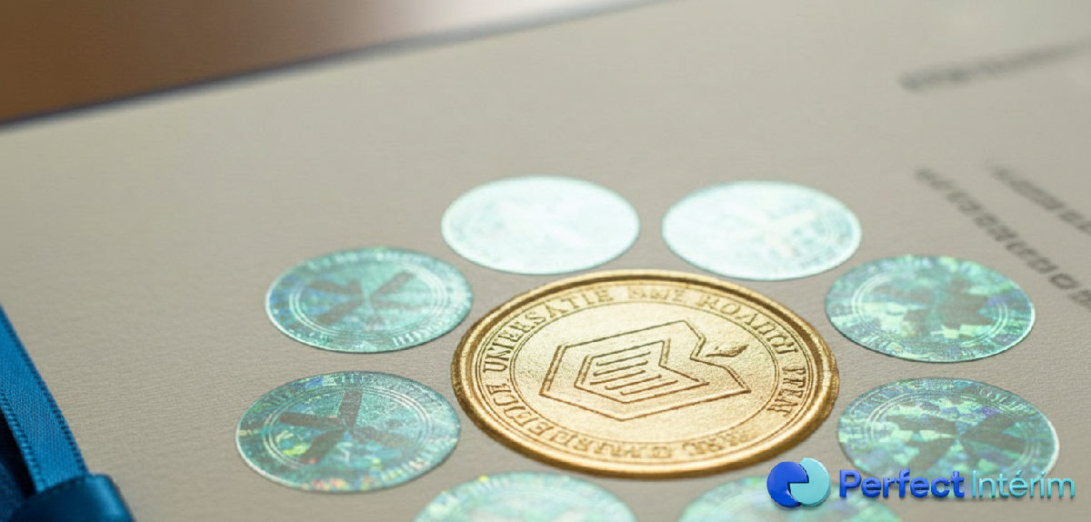 Gros plan sur les sceaux et hologrammes d'un diplôme roumain authentique.