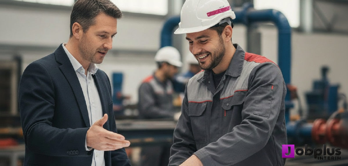 Manager français et chef d'équipe roumain discutant de plans techniques sur site.