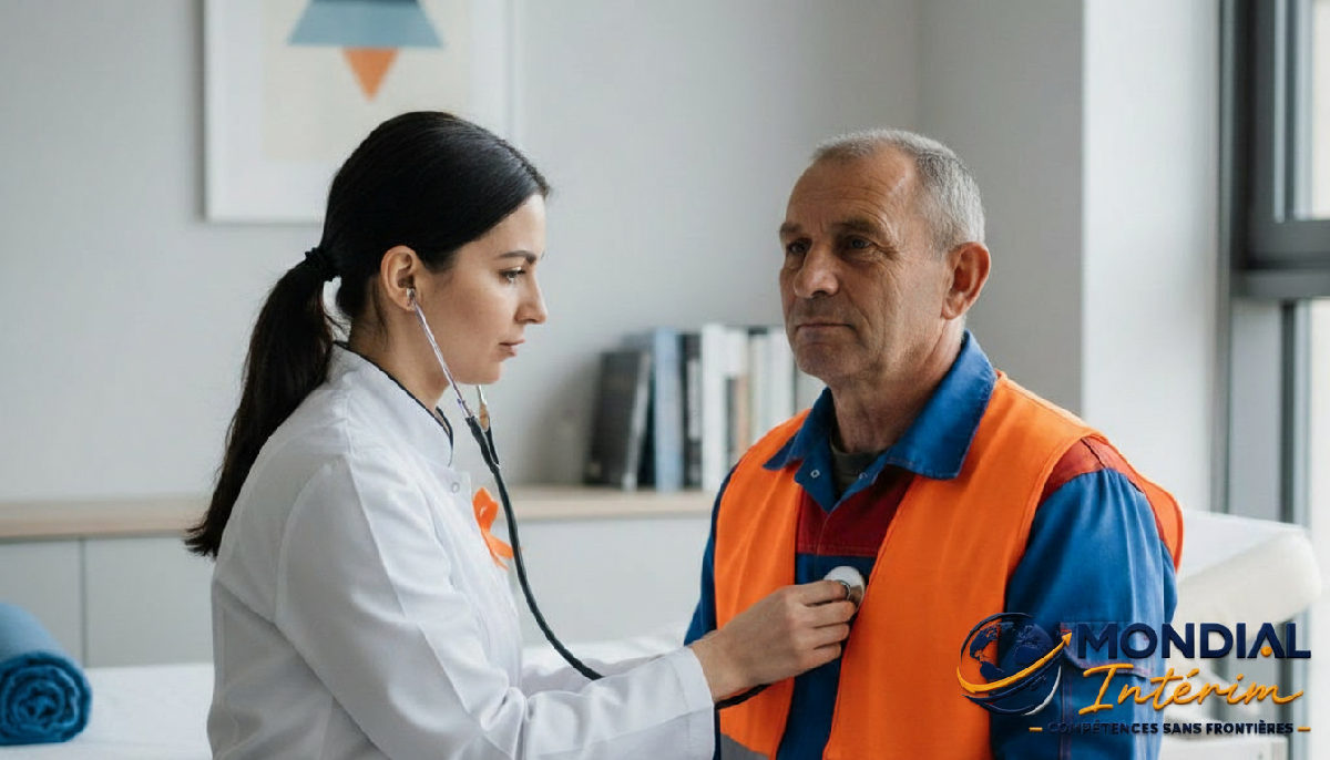 Un médecin du travail effectuant un examen de santé pour un ouvrier roumain portant un gilet de haute visibilité.