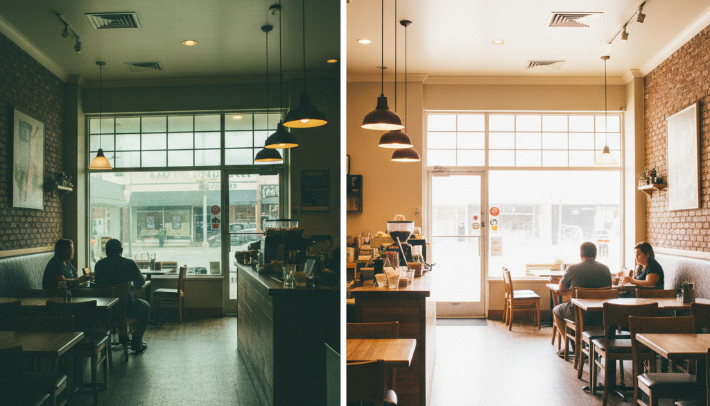 AI enhances a local business interior photo for a better listing.