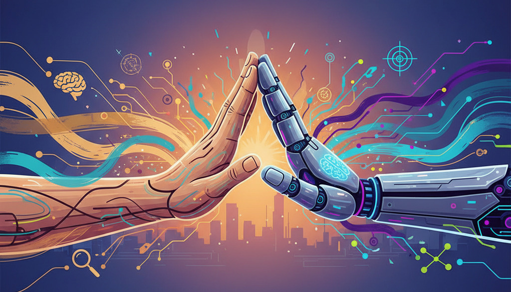 Human and AI hands high-fiving, symbolizing marketing partnership.