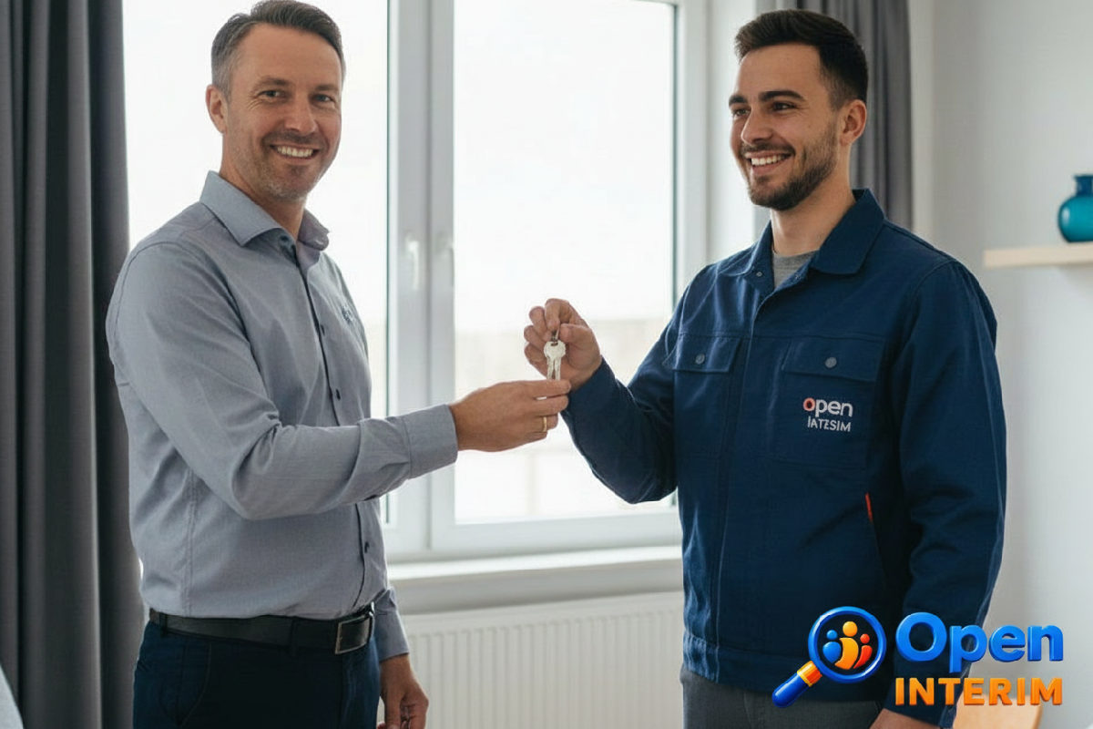 Remise de clés d'un logement propre à un ouvrier souriant.