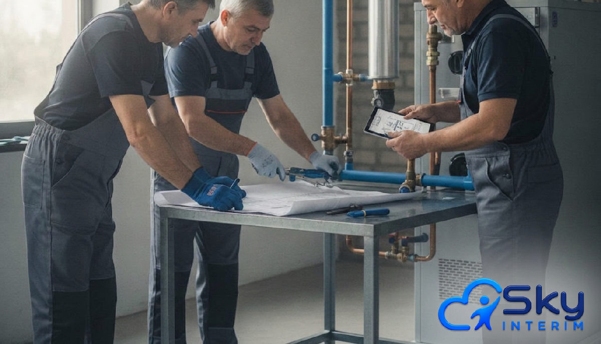 Plombiers roumains expérimentés collaborant sur un système de chauffage.