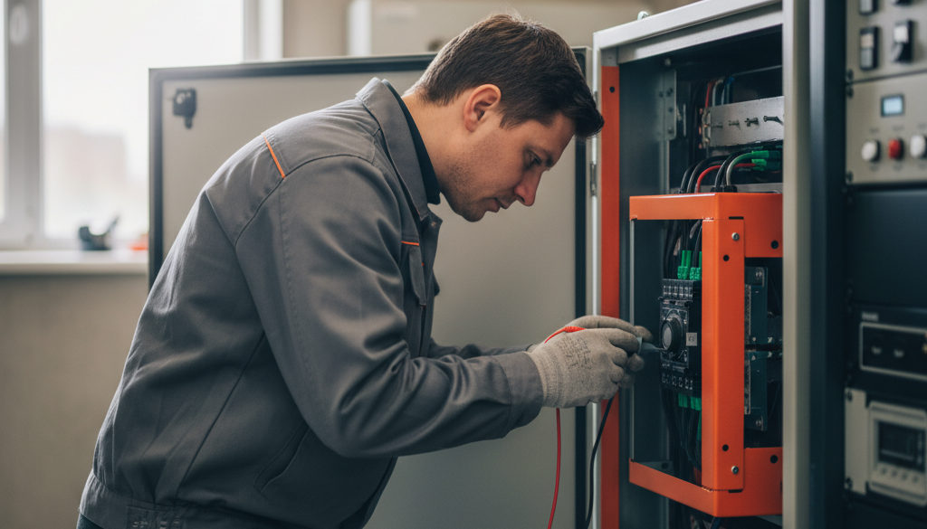 Technik kontroluje zapojení solárního střídače v technické místnosti.