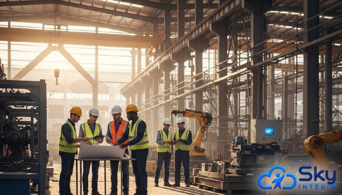 Équipe internationale et française collaborant sur un site industriel.