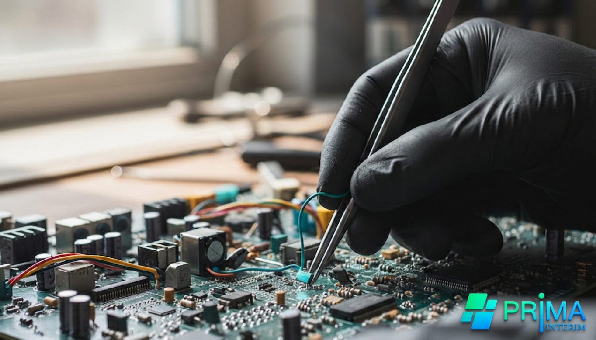 Mains expertes d'un technicien manipulant des composants électroniques fragiles.