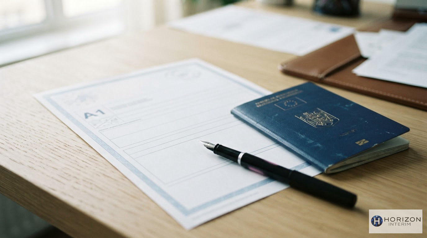 Un formulaire A1 et un passeport roumain posés sur un bureau administratif.