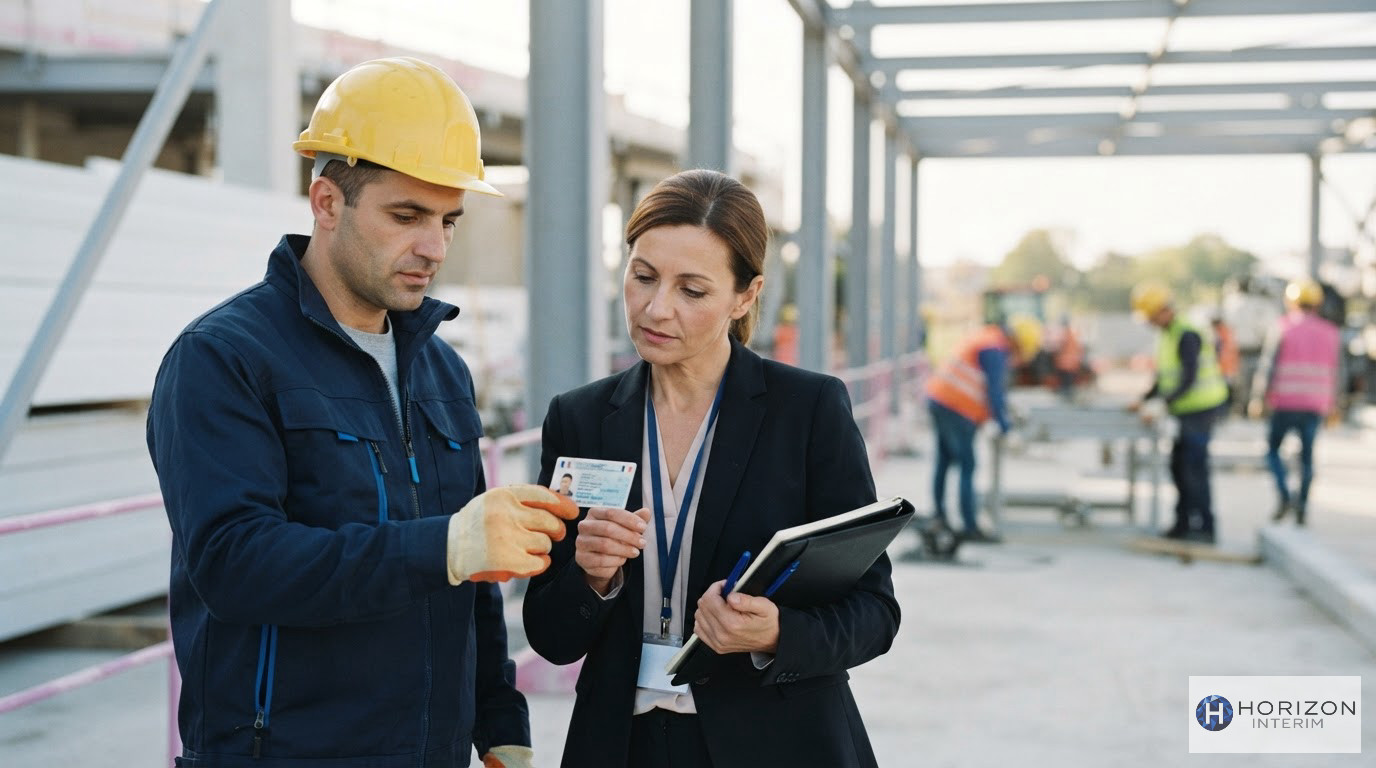 Un ouvrier roumain présente sa carte BTP à un contrôleur URSSAF sur site.