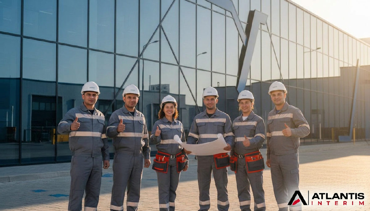 Ouvriers roumains souriants devant une unité industrielle moderne.