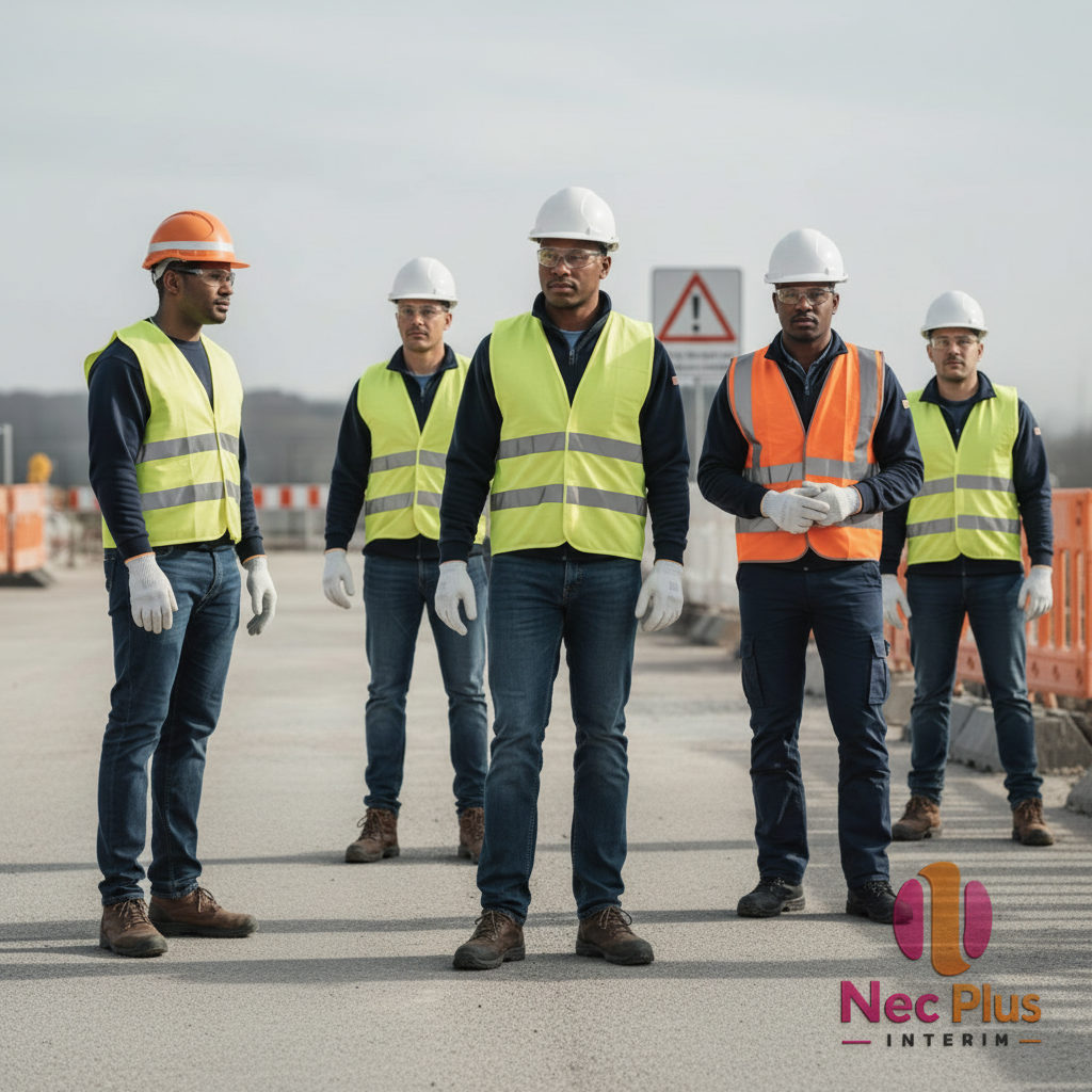 Chantier BTP sécurisé, ouvriers en tenue de protection complète.