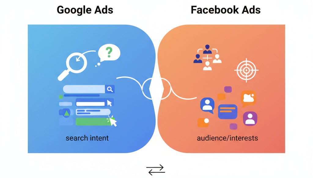 Comparație Google Ads (căutare) vs. Facebook Ads (interese).