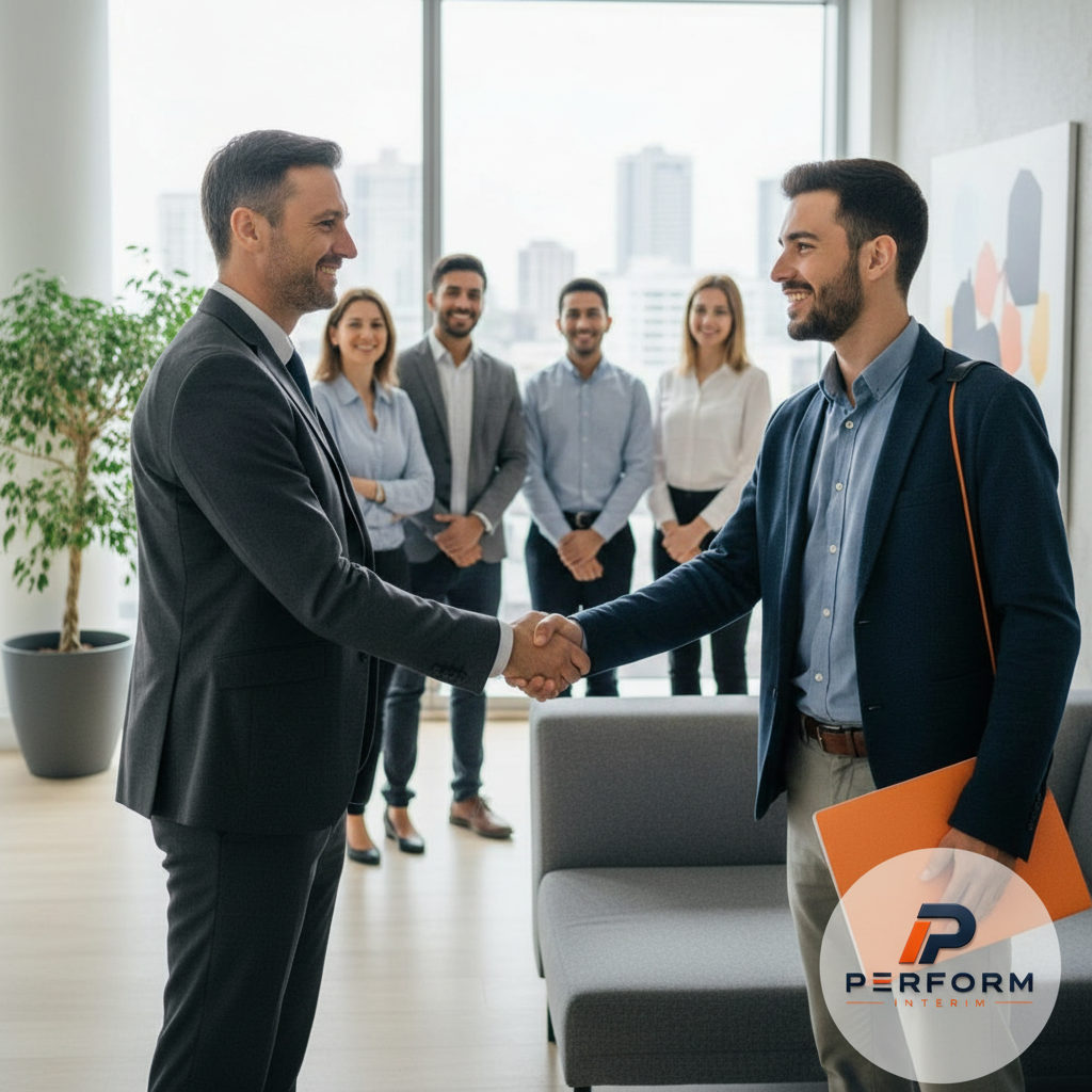 Manager français accueillant un nouvel intérimaire roumain, équipe souriante.