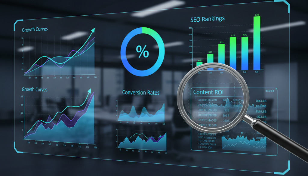 High-tech dashboard displays content ROI with magnifying glass hovering.
