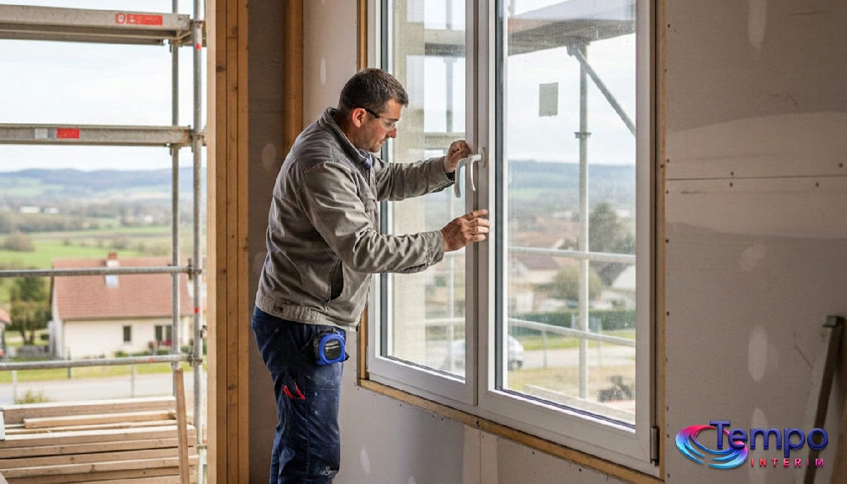 détachement menuisiers roumains - Menuisier roumain qualifié posant des fenêtres sur un chantier en France.