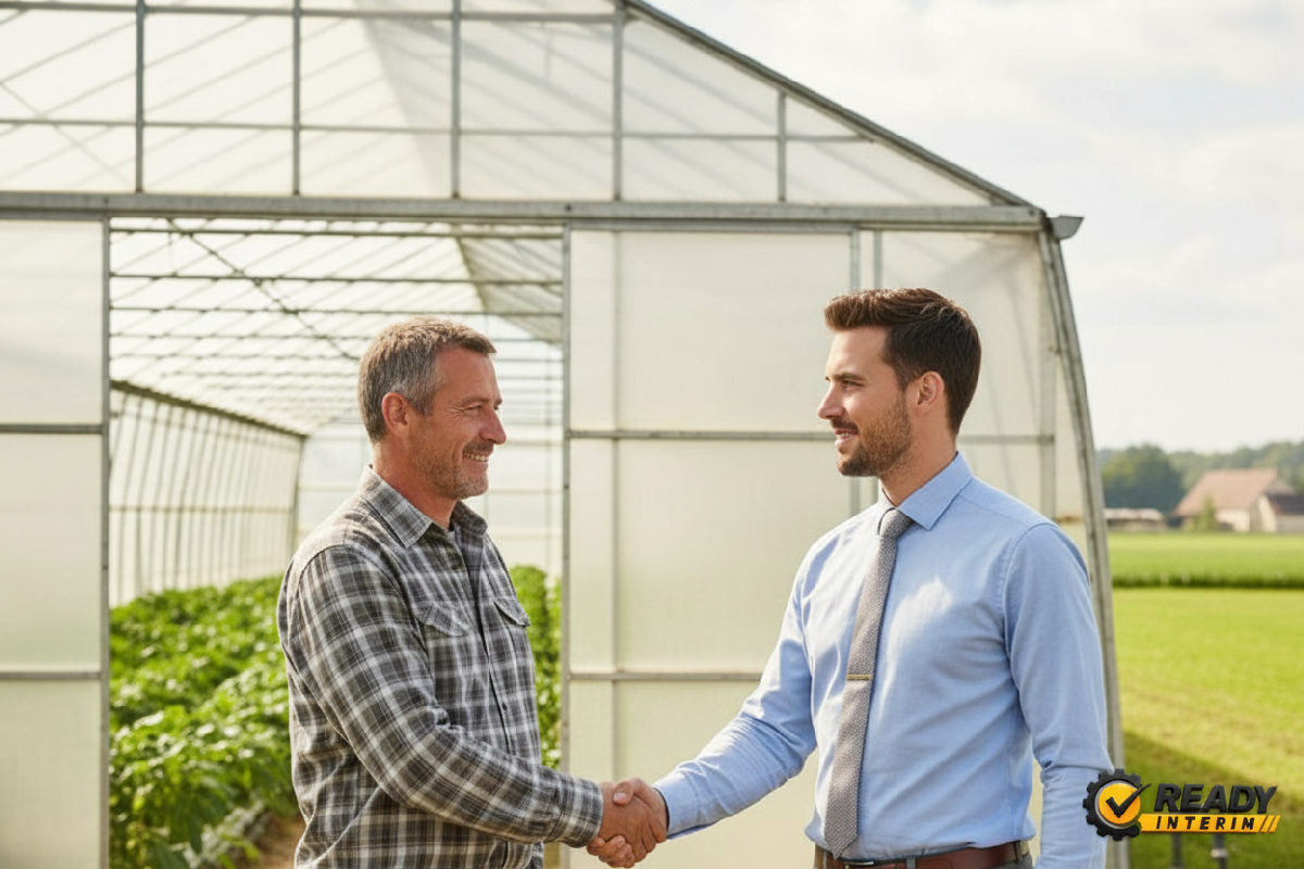 Poignée de main entre agriculteur français et conseiller d'agence.