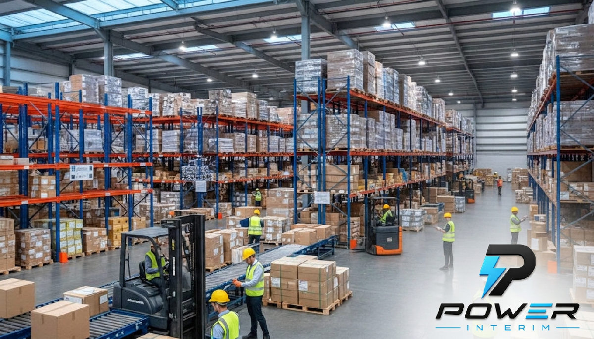 Entrepôt logistique animé avec travailleurs détachés et sécurité.