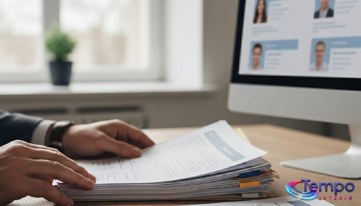 Main examinant des CV de candidats roumains sur un écran d'ordinateur.